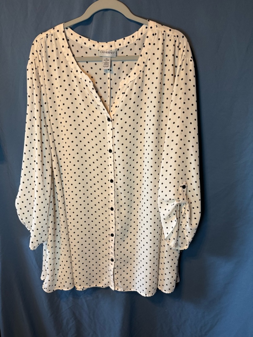 Catherines White Button-Down Blouse with Black Polka Dots